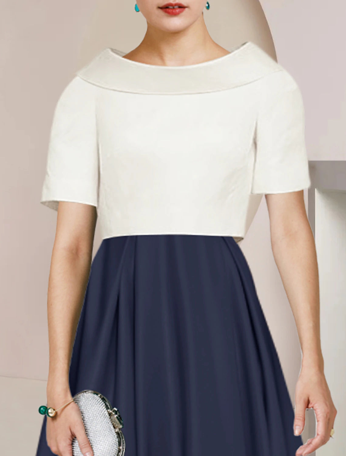 Wholesale  A-Line Mother of the Bride Dress Formal Wedding Guest Party Elegant Scoop Neck Tea Length Satin Short Sleeve with Pleats Color Block
